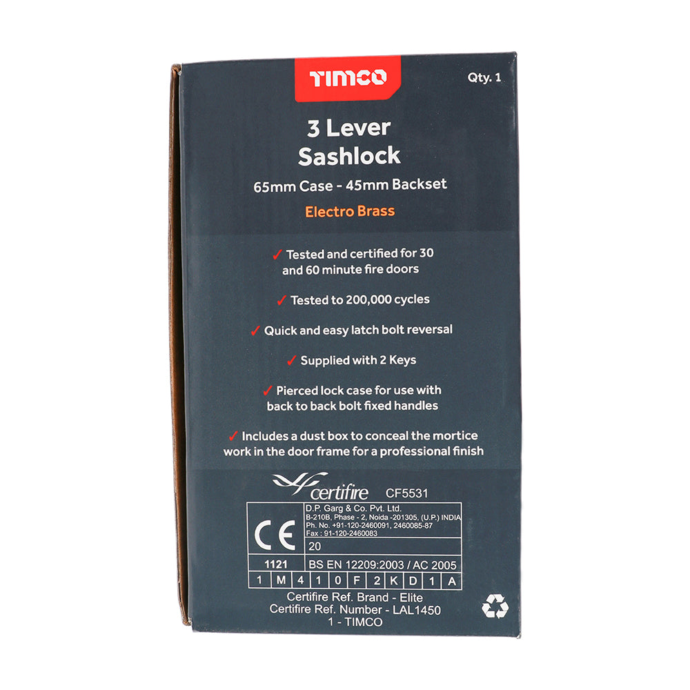 This is an image showing TIMCO 3 Lever Sashlock - Electro Brass - 65 case / 45 backset - 1 Each Box available from T.H Wiggans Ironmongery in Kendal, quick delivery at discounted prices.