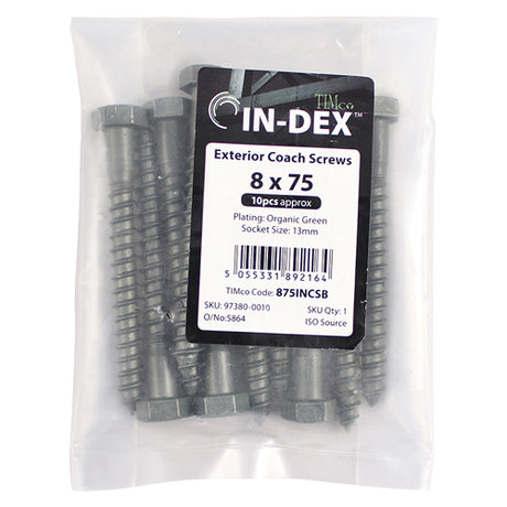 This is an image showing TIMCO Coach Screws - Hex - Exterior - Green - 6.0 x 75 - 10 Pieces Bag available from T.H Wiggans Ironmongery in Kendal, quick delivery at discounted prices.