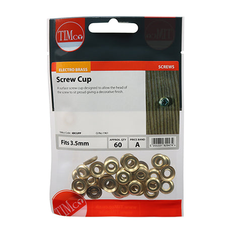 This is an image showing TIMCO Screw Cups - Electro Brass - To fit 6 Gauge Screws - 60 Pieces TIMpac available from T.H Wiggans Ironmongery in Kendal, quick delivery at discounted prices.