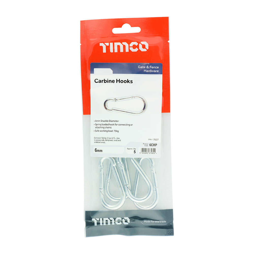 This is an image showing TIMCO Carbine Hooks - Zinc - 6mm - 5 Pieces TIMpac available from T.H Wiggans Ironmongery in Kendal, quick delivery at discounted prices.