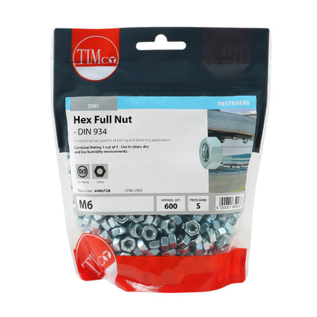 This is an image showing TIMCO Hex Full Nuts - Zinc - M6 - 600 Pieces TIMbag available from T.H Wiggans Ironmongery in Kendal, quick delivery at discounted prices.