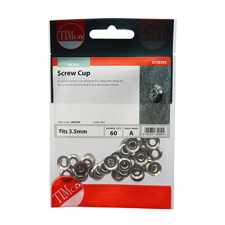 This is an image showing TIMCO Screw Cups - Nickel - To fit 6 Gauge Screws - 60 Pieces TIMpac available from T.H Wiggans Ironmongery in Kendal, quick delivery at discounted prices.