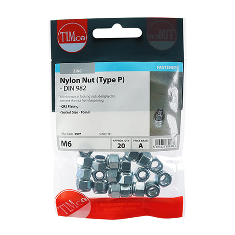 This is an image showing TIMCO Nylon Nuts - Type P - Zinc - M6 - 20 Pieces TIMpac available from T.H Wiggans Ironmongery in Kendal, quick delivery at discounted prices.