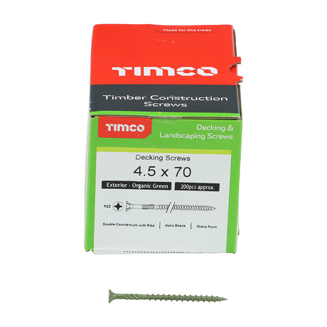 This is an image showing TIMCO Decking Screws - PZ - Double Countersunk - Exterior - Green - 4.5 x 70 - 200 Pieces Box available from T.H Wiggans Ironmongery in Kendal, quick delivery at discounted prices.