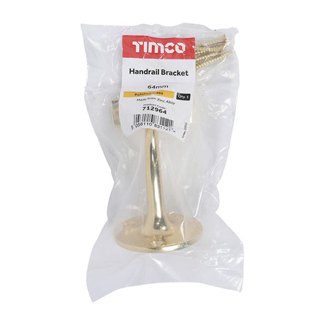 This is an image showing TIMCO Handrail Bracket - Electro Brass - 64mm - 1 Each Bag available from T.H Wiggans Ironmongery in Kendal, quick delivery at discounted prices.