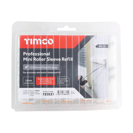 This is an image showing TIMCO Professional Mini Roller Sleeve Refill 12mm - 4" Medium - 10 Pieces Clamshell available from T.H Wiggans Ironmongery in Kendal, quick delivery at discounted prices.