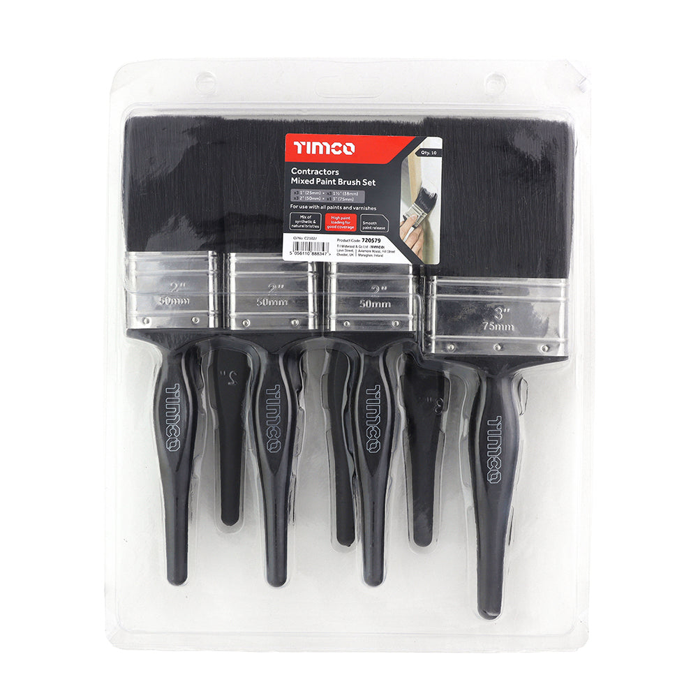 This is an image showing TIMCO Contractors Mixed Paint Brush Set - 10pcs - 10 Pieces Clamshell available from T.H Wiggans Ironmongery in Kendal, quick delivery at discounted prices.
