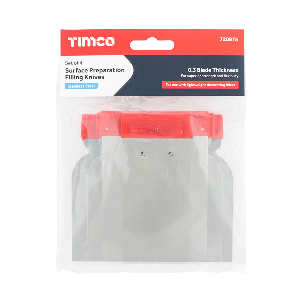 This is an image showing TIMCO Surface Preparation Filling Knives Set - 4pcs - 4 Pieces Bag available from T.H Wiggans Ironmongery in Kendal, quick delivery at discounted prices.