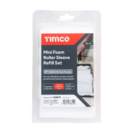 This is an image showing TIMCO Mini Foam Roller Sleeve Refill Set - 4" - 10 Pieces Clamshell available from T.H Wiggans Ironmongery in Kendal, quick delivery at discounted prices.