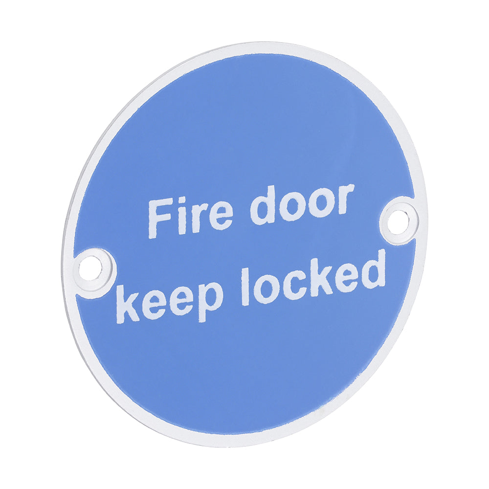 This is an image showing TIMCO Fire Door Keep Locked Sign - Satin Anodised Aluminium - 76mm - 1 Each TIMpac available from T.H Wiggans Ironmongery in Kendal, quick delivery at discounted prices.