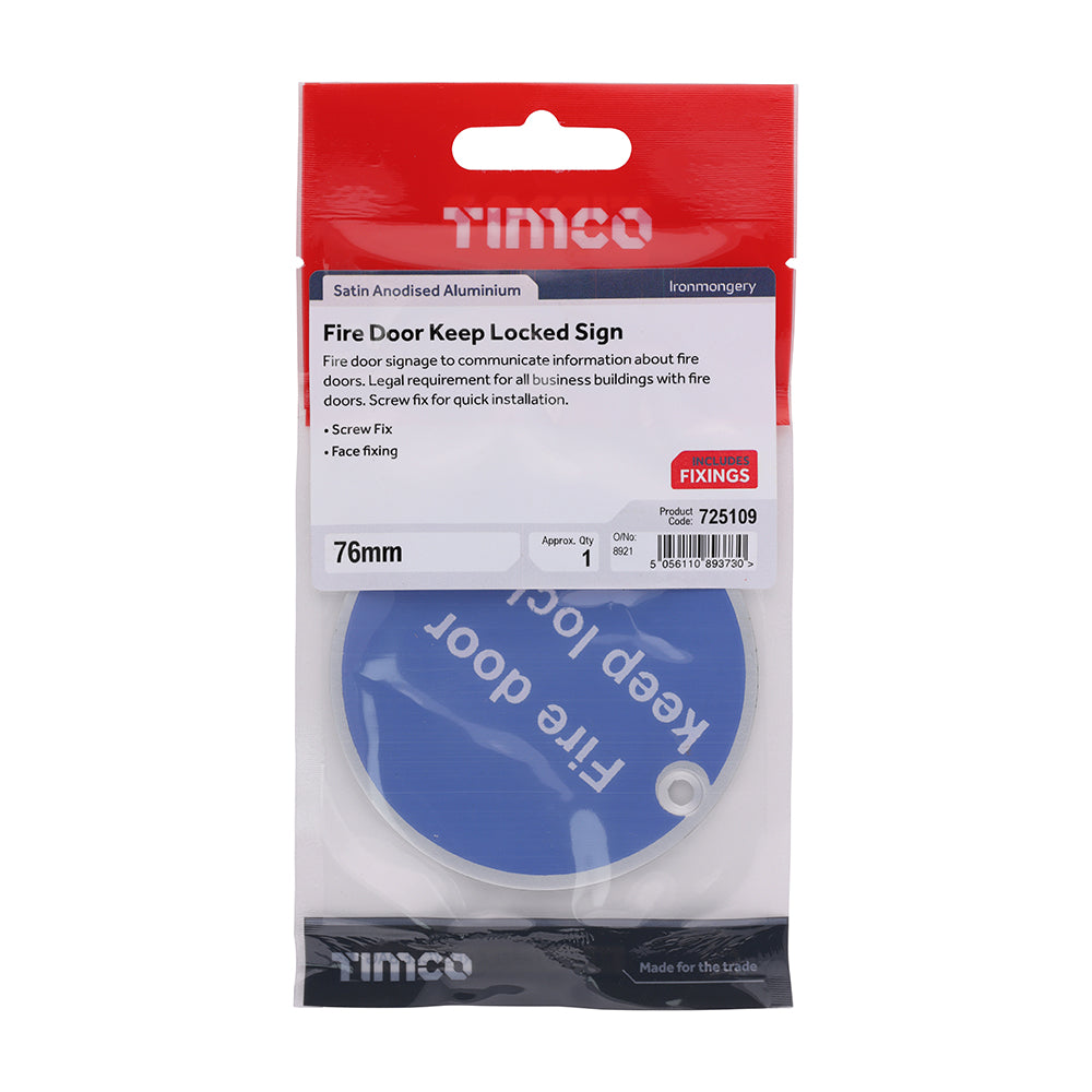 This is an image showing TIMCO Fire Door Keep Locked Sign - Satin Anodised Aluminium - 76mm - 1 Each TIMpac available from T.H Wiggans Ironmongery in Kendal, quick delivery at discounted prices.