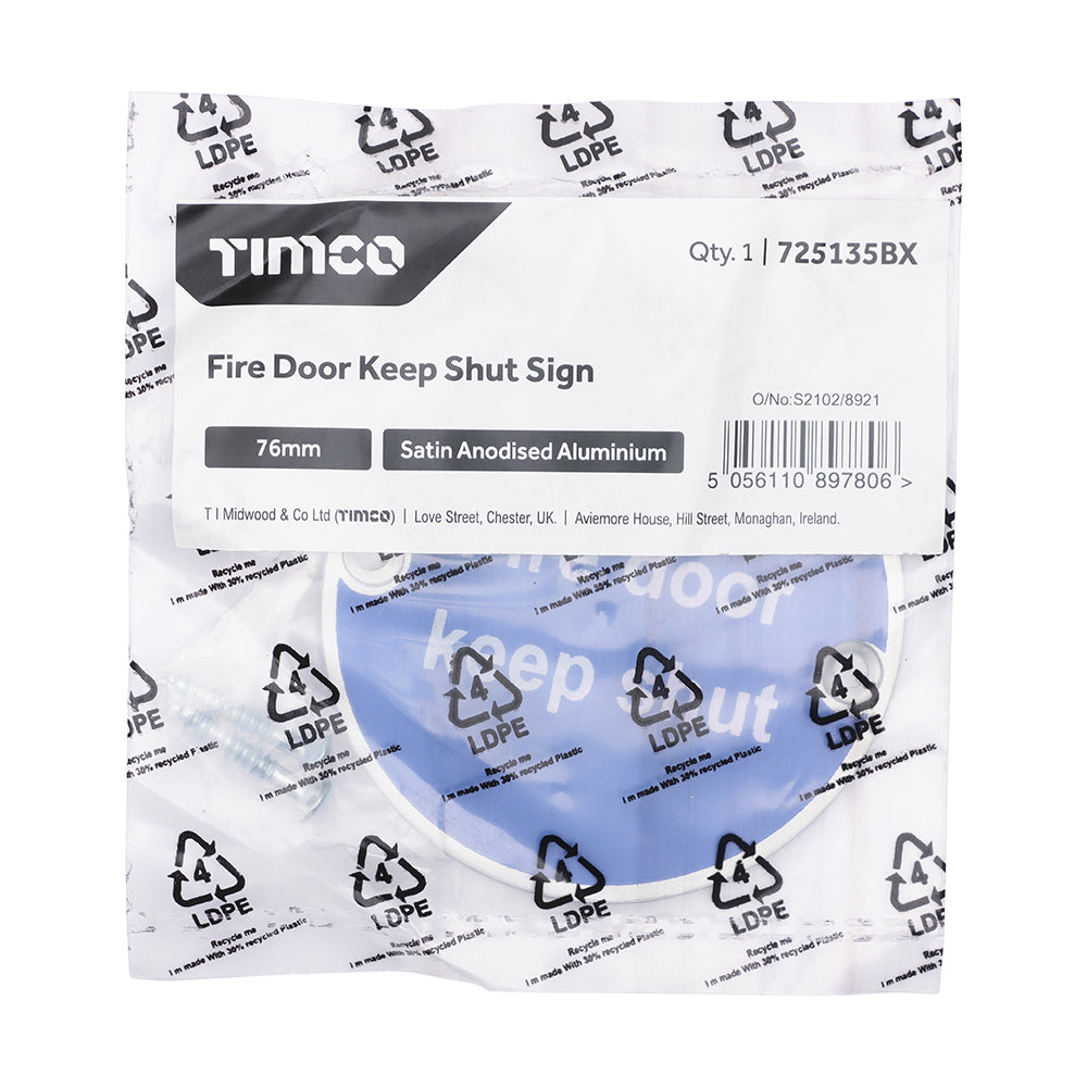 This is an image showing TIMCO Fire Door Keep Shut Sign - Satin Anodised Aluminium - 76mm - 1 Each Bag available from T.H Wiggans Ironmongery in Kendal, quick delivery at discounted prices.