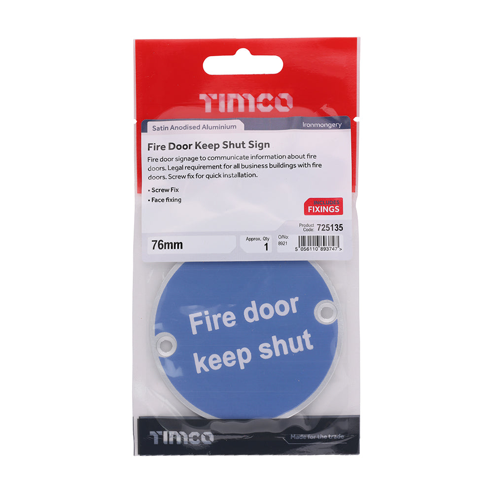 This is an image showing TIMCO Fire Door Keep Shut Sign - Satin Anodised Aluminium - 76mm - 1 Each TIMpac available from T.H Wiggans Ironmongery in Kendal, quick delivery at discounted prices.