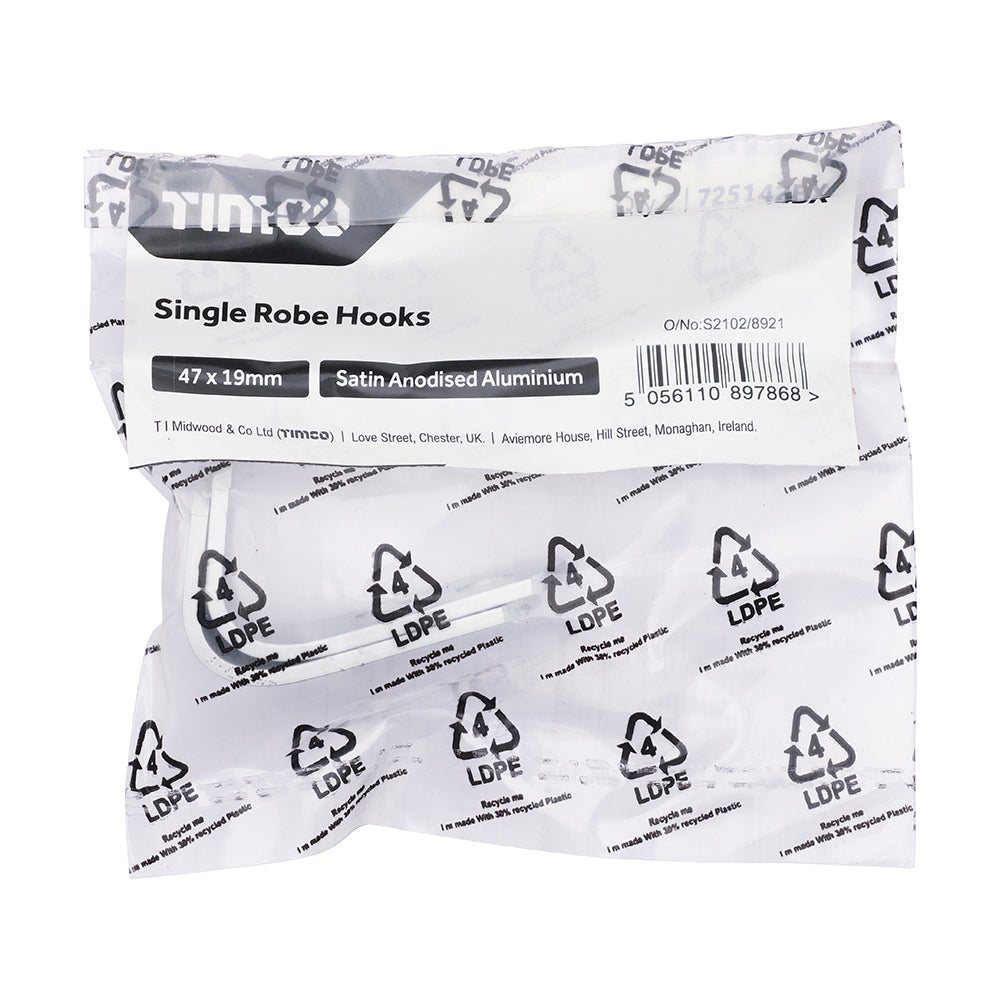 This is an image showing TIMCO Single Robe Hook - Satin Anodised Aluminium - 47 x 19 - 2 Pieces Bag available from T.H Wiggans Ironmongery in Kendal, quick delivery at discounted prices.