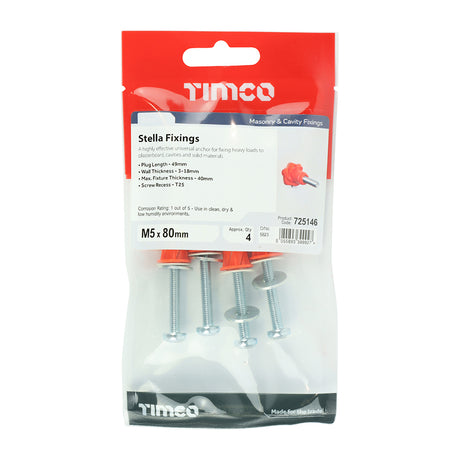This is an image showing TIMCO Stella Fixings - TX - Pan - Red - M5 x 80 - 4 Pieces TIMpac available from T.H Wiggans Ironmongery in Kendal, quick delivery at discounted prices.