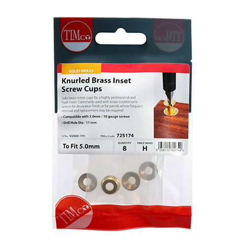 This is an image showing TIMCO Knurled Inset Screw Cups - Solid Brass - To fit 4.8, 5.0 Screw - 8 Pieces TIMpac available from T.H Wiggans Ironmongery in Kendal, quick delivery at discounted prices.