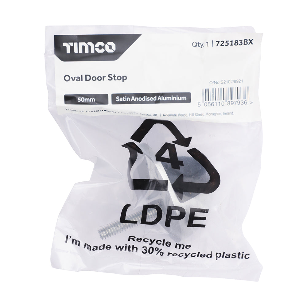 This is an image showing TIMCO Oval Door Stop - Satin Anodised Aluminium - 50mm - 1 Each Bag available from T.H Wiggans Ironmongery in Kendal, quick delivery at discounted prices.
