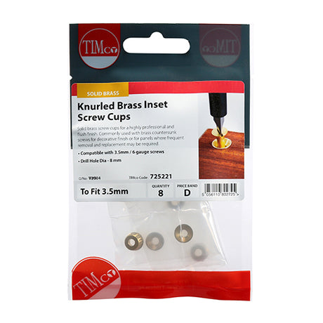 This is an image showing TIMCO Knurled Inset Screw Cups - Solid Brass - To fit 3.5 Screw - 8 Pieces TIMpac available from T.H Wiggans Ironmongery in Kendal, quick delivery at discounted prices.