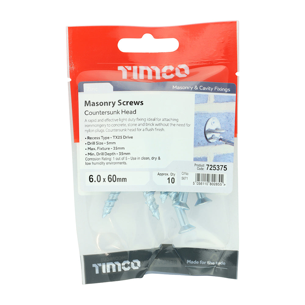 This is an image showing TIMCO Masonry Screws - TX - Countersunk - Zinc - 6.0 x 60 - 10 Pieces TIMpac available from T.H Wiggans Ironmongery in Kendal, quick delivery at discounted prices.