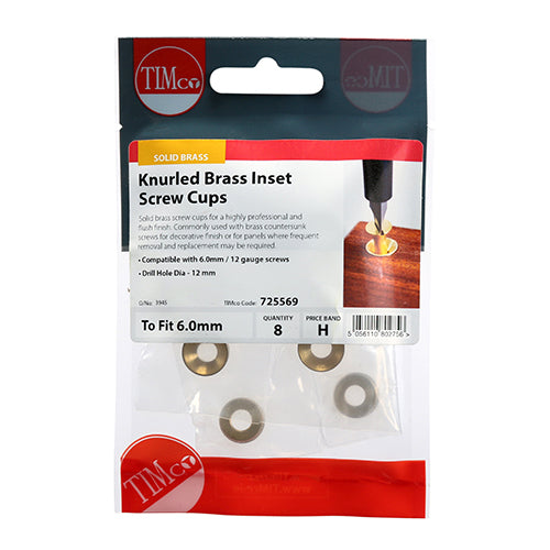 This is an image showing TIMCO Knurled Inset Screw Cups - Solid Brass - To fit 5.5, 6.0 Screw - 8 Pieces TIMpac available from T.H Wiggans Ironmongery in Kendal, quick delivery at discounted prices.