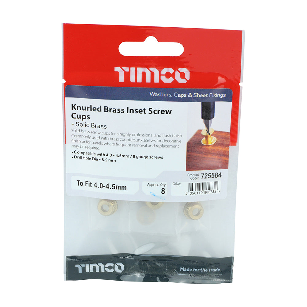 This is an image showing TIMCO Knurled Inset Screw Cups - Solid Brass - To fit 4.0, 4.2, 4.5 Screw - 8 Pieces TIMpac available from T.H Wiggans Ironmongery in Kendal, quick delivery at discounted prices.