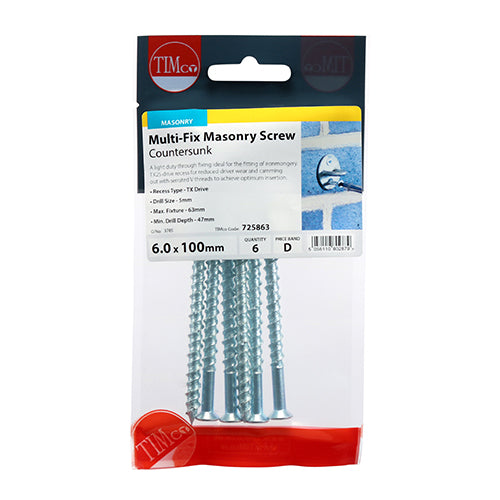 This is an image showing TIMCO Masonry Screws - TX - Countersunk - Zinc - 6.0 x 100 - 6 Pieces TIMpac available from T.H Wiggans Ironmongery in Kendal, quick delivery at discounted prices.