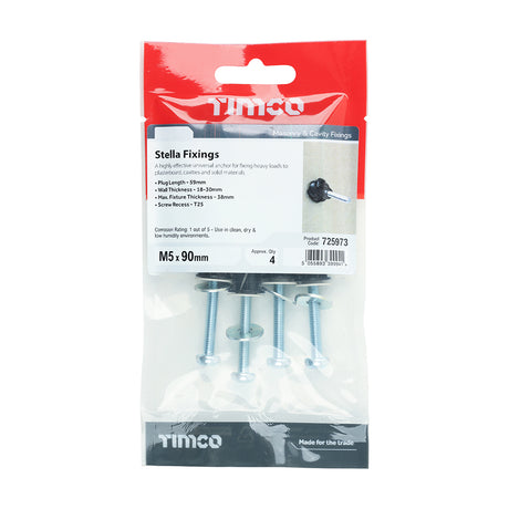 This is an image showing TIMCO Stella Fixings - TX - Pan - Black - M5 x 90 - 4 Pieces TIMpac available from T.H Wiggans Ironmongery in Kendal, quick delivery at discounted prices.