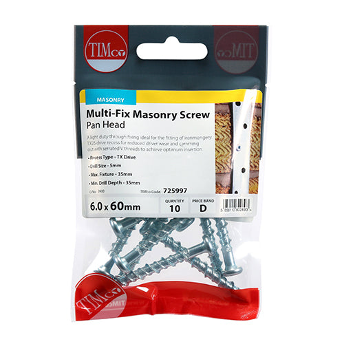 This is an image showing TIMCO Masonry Screws - TX - Pan - Zinc - 6.0 x 60 - 10 Pieces TIMpac available from T.H Wiggans Ironmongery in Kendal, quick delivery at discounted prices.