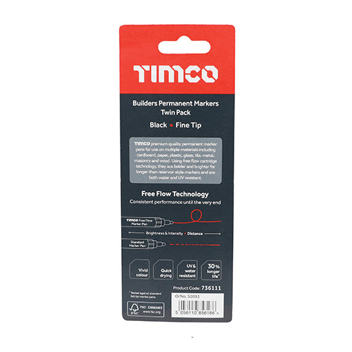 This is an image showing TIMCO Builders Permanent Markers - Fine Tip - Black - Fine Tip - 2 Pieces Blister Pack available from T.H Wiggans Ironmongery in Kendal, quick delivery at discounted prices.