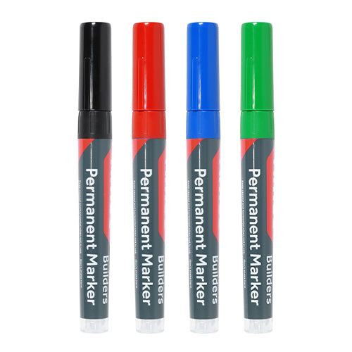This is an image showing TIMCO Builders Permanent Markers - Fine Tip - Mixed Colours - Fine Tip - 4 Pieces Box available from T.H Wiggans Ironmongery in Kendal, quick delivery at discounted prices.