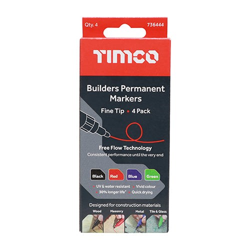 This is an image showing TIMCO Builders Permanent Markers - Fine Tip - Mixed Colours - Fine Tip - 4 Pieces Box available from T.H Wiggans Ironmongery in Kendal, quick delivery at discounted prices.