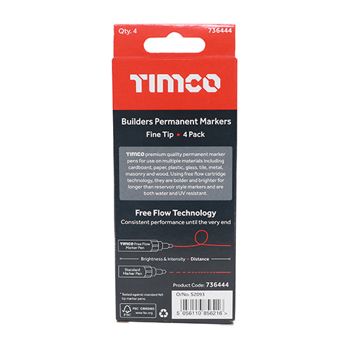 This is an image showing TIMCO Builders Permanent Markers - Fine Tip - Mixed Colours - Fine Tip - 4 Pieces Box available from T.H Wiggans Ironmongery in Kendal, quick delivery at discounted prices.