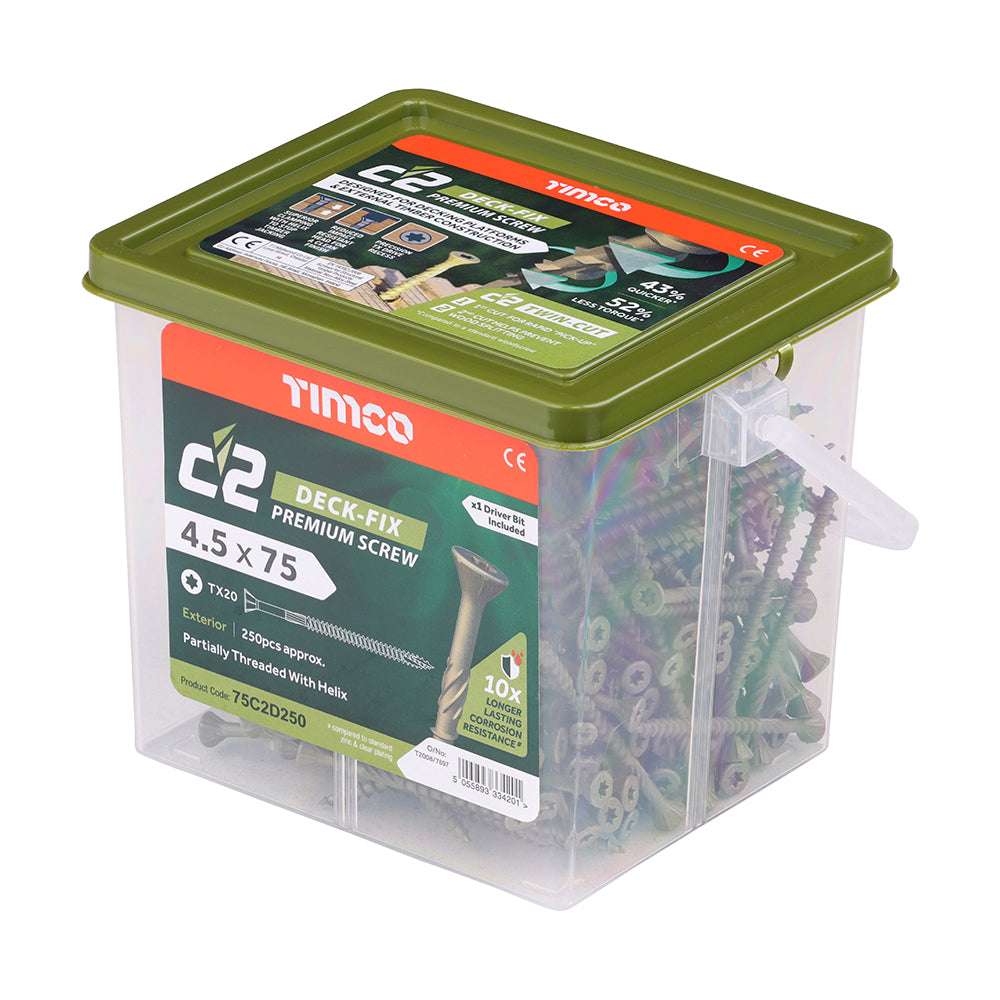 This is an image showing TIMCO C2 Deck-Fix - TX - Countersunk with Ribs - Twin-Cut - Green - 4.5 x 75 - 250 Pieces Tub available from T.H Wiggans Ironmongery in Kendal, quick delivery at discounted prices.