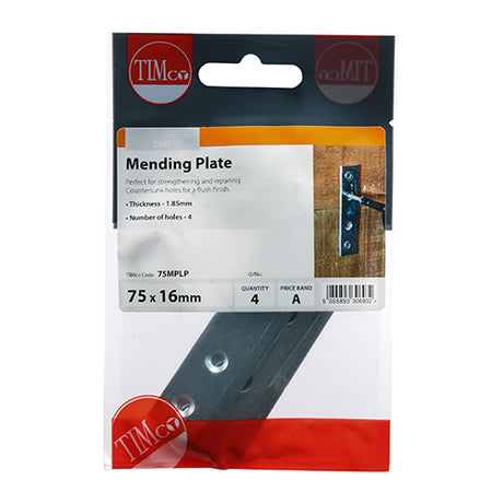 This is an image showing TIMCO Mending Plates - Zinc - 75 x 16 - 4 Pieces TIMpac available from T.H Wiggans Ironmongery in Kendal, quick delivery at discounted prices.