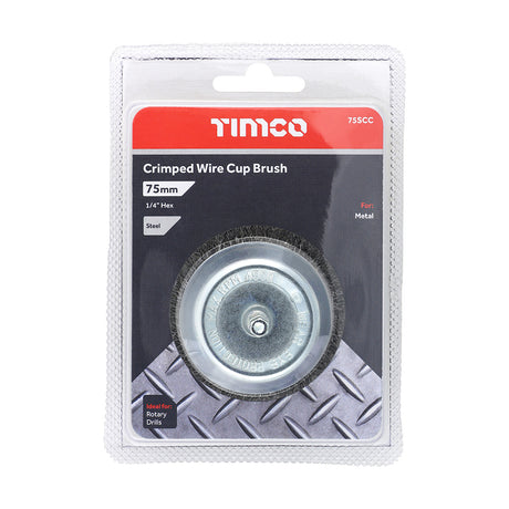 This is an image showing TIMCO Drill Cup Brush - Crimped Steel Wire - 75mm - 1 Each Blister Pack available from T.H Wiggans Ironmongery in Kendal, quick delivery at discounted prices.