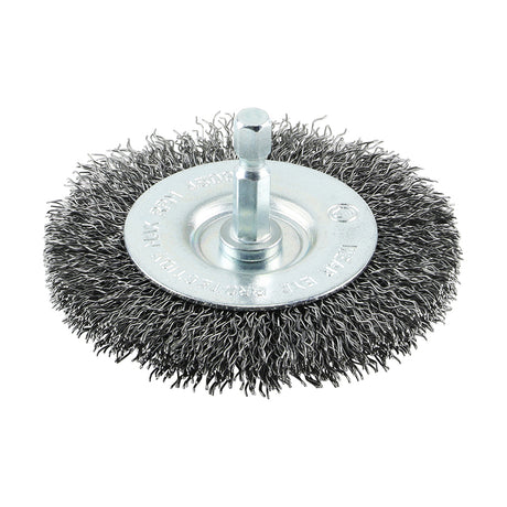 This is an image showing TIMCO Drill Wheel Brush - Crimped Steel Wire - 75mm - 1 Each Blister Pack available from T.H Wiggans Ironmongery in Kendal, quick delivery at discounted prices.