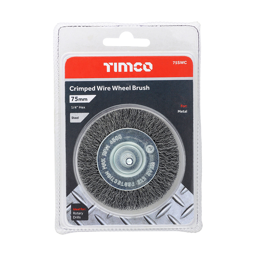 This is an image showing TIMCO Drill Wheel Brush - Crimped Steel Wire - 75mm - 1 Each Blister Pack available from T.H Wiggans Ironmongery in Kendal, quick delivery at discounted prices.