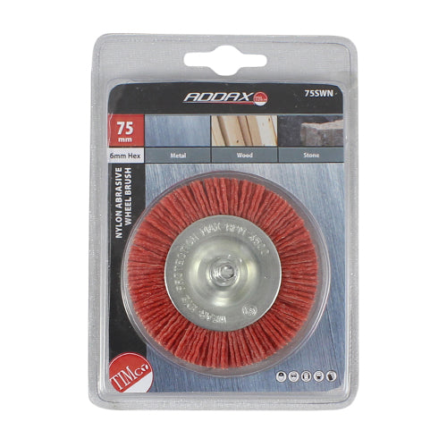 This is an image showing TIMCO Drill Wheel Brush - Nylon - 75mm - 1 Each Blister Pack available from T.H Wiggans Ironmongery in Kendal, quick delivery at discounted prices.