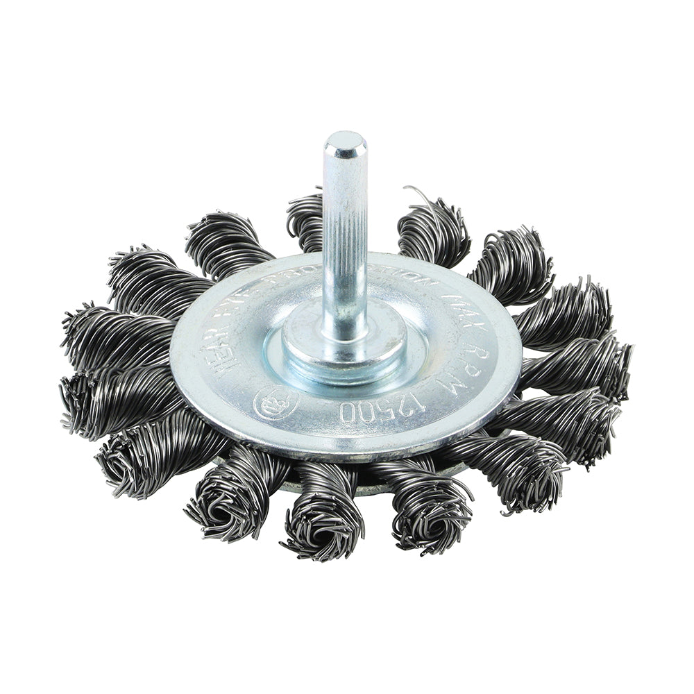 This is an image showing TIMCO Drill Wheel Brush - Twisted Knot Steel Wire - 75mm - 1 Each Blister Pack available from T.H Wiggans Ironmongery in Kendal, quick delivery at discounted prices.