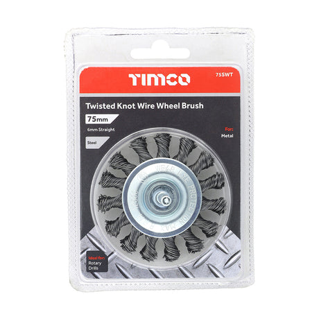 This is an image showing TIMCO Drill Wheel Brush - Twisted Knot Steel Wire - 75mm - 1 Each Blister Pack available from T.H Wiggans Ironmongery in Kendal, quick delivery at discounted prices.