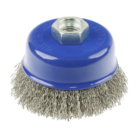 This is an image showing TIMCO Angle Grinder Cup Brush - Crimped Stainless Steel - 75mm - 1 Each Blister Pack available from T.H Wiggans Ironmongery in Kendal, quick delivery at discounted prices.