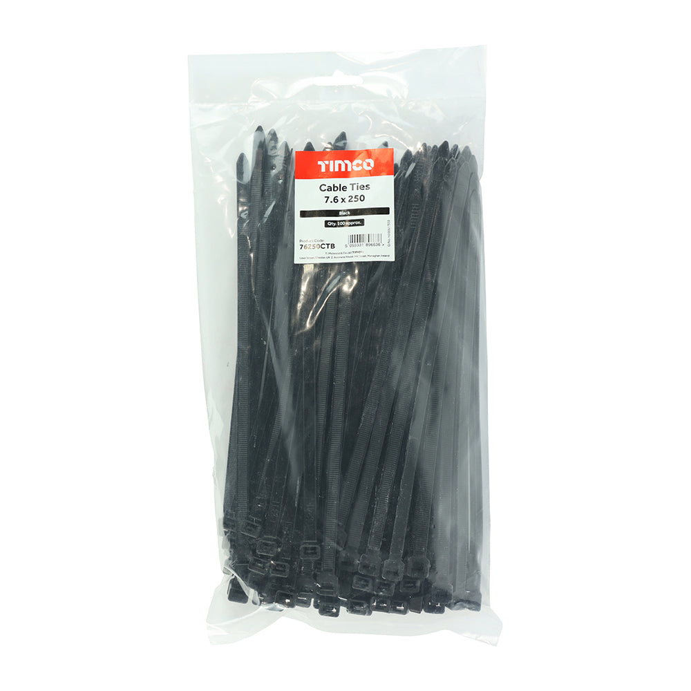 This is an image showing TIMCO Cable Ties - Black - 7.6 x 250 - 100 Pieces Bag available from T.H Wiggans Ironmongery in Kendal, quick delivery at discounted prices.