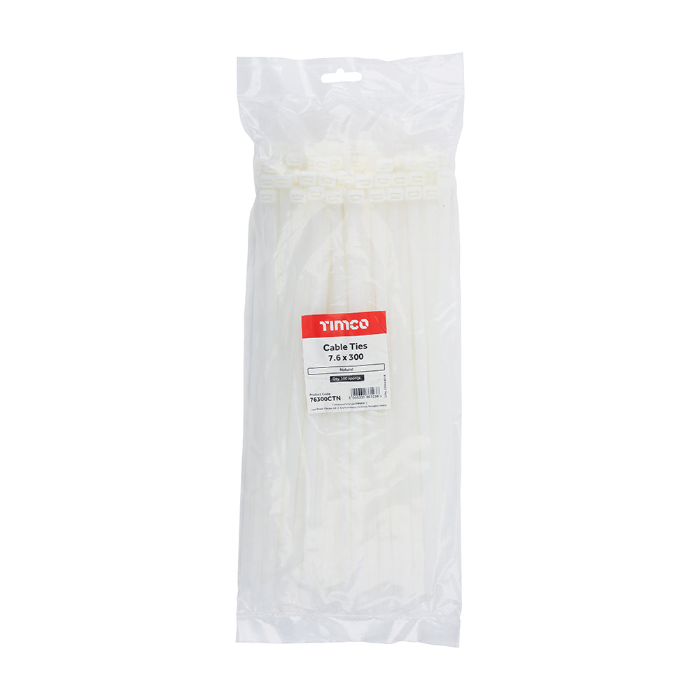 This is an image showing TIMCO Cable Ties - Natural - 7.6 x 300 - 100 Pieces Bag available from T.H Wiggans Ironmongery in Kendal, quick delivery at discounted prices.