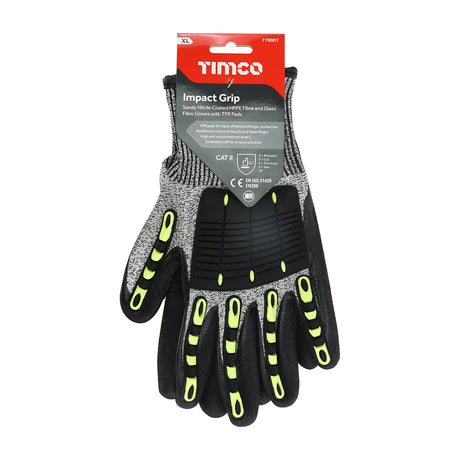 This is an image showing TIMCO Impact Cut Glove - Sandy Nitrile Coated HPPE Fibre and Glass Fibre Gloves with TPR Pads - X Large - 1 Each Backing Card available from T.H Wiggans Ironmongery in Kendal, quick delivery at discounted prices.