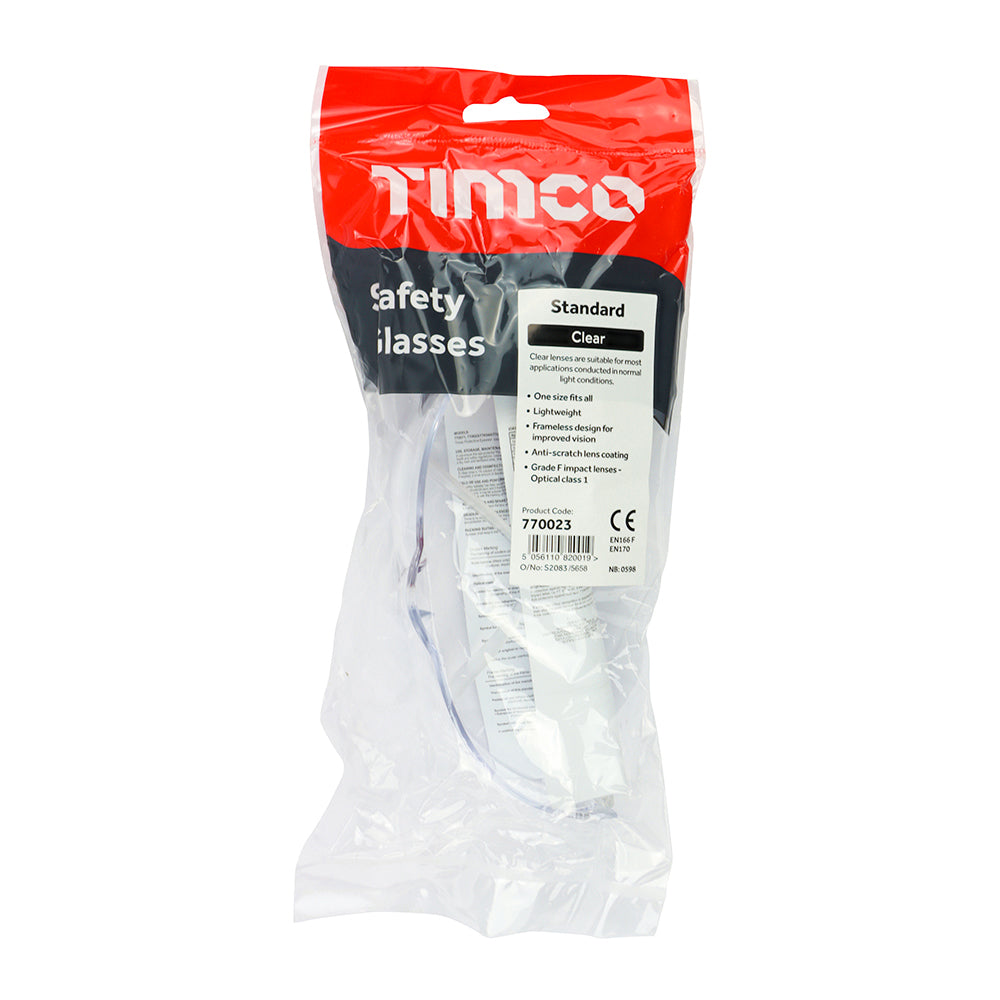 This is an image showing TIMCO Standard Safety Glasses - Clear - One Size - 1 Each Bag available from T.H Wiggans Ironmongery in Kendal, quick delivery at discounted prices.