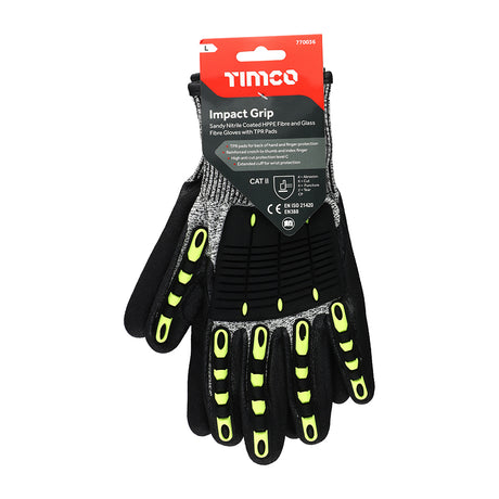 This is an image showing TIMCO Impact Cut Glove - Sandy Nitrile Coated HPPE Fibre and Glass Fibre Gloves with TPR Pads - Large - 1 Each Backing Card available from T.H Wiggans Ironmongery in Kendal, quick delivery at discounted prices.