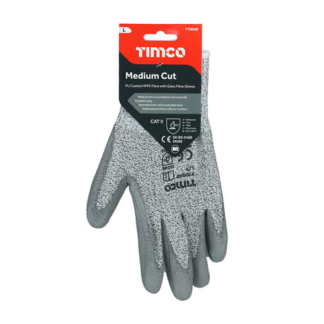 This is an image showing TIMCO Medium Cut Gloves - PU Coated HPPE Fibre with Glass Fibre - Large - 1 Each Backing Card available from T.H Wiggans Ironmongery in Kendal, quick delivery at discounted prices.