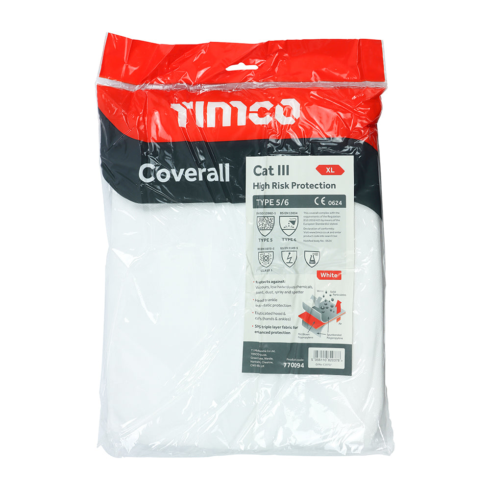 This is an image showing TIMCO Cat III Type 5/6 Coverall - High Risk Protection - White - X Large - 1 Each Bag available from T.H Wiggans Ironmongery in Kendal, quick delivery at discounted prices.