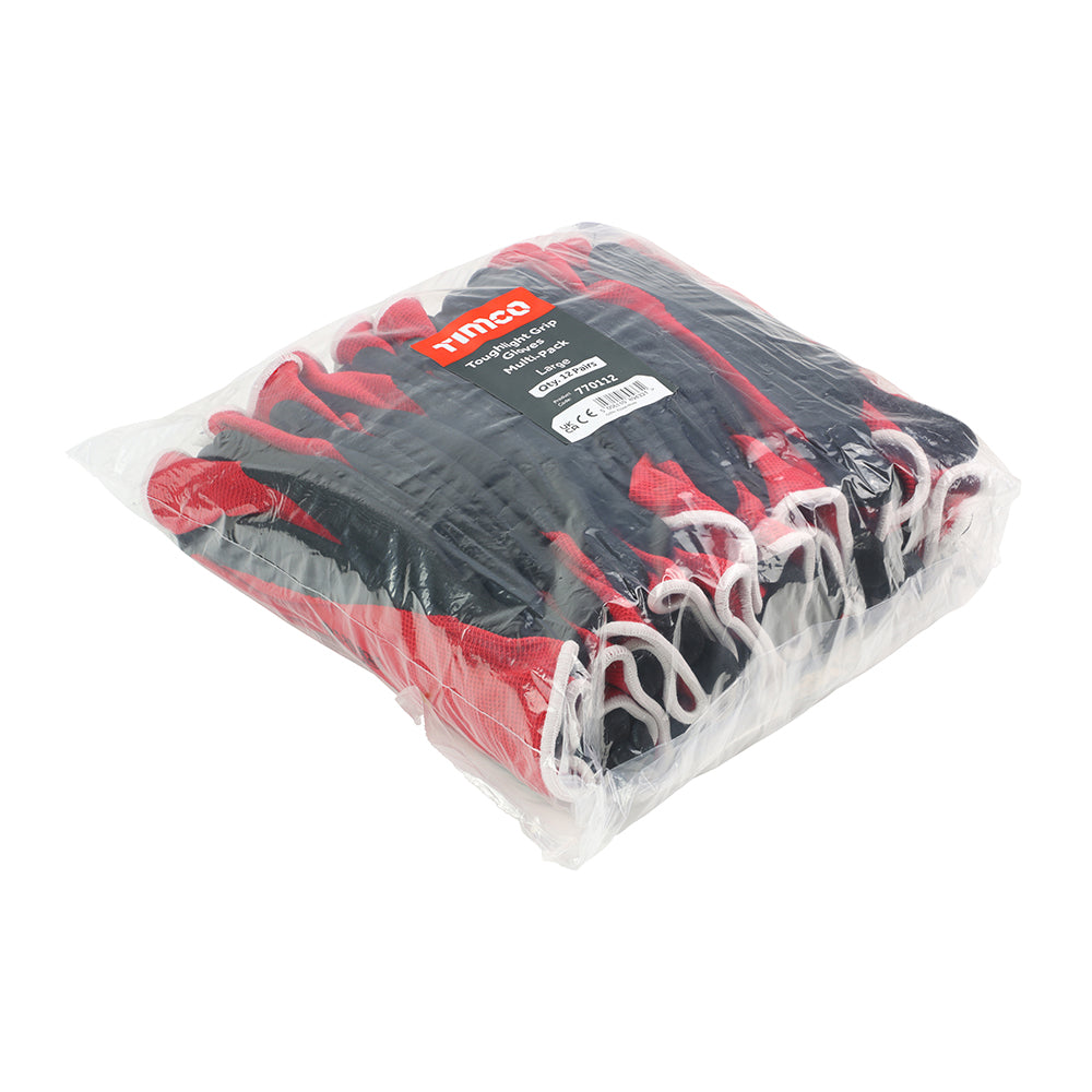 This is an image showing TIMCO Toughlight Grip Gloves - Sandy Latex Coated Polyester - Multi Pack - Large - 12 Pieces Bag available from T.H Wiggans Ironmongery in Kendal, quick delivery at discounted prices.