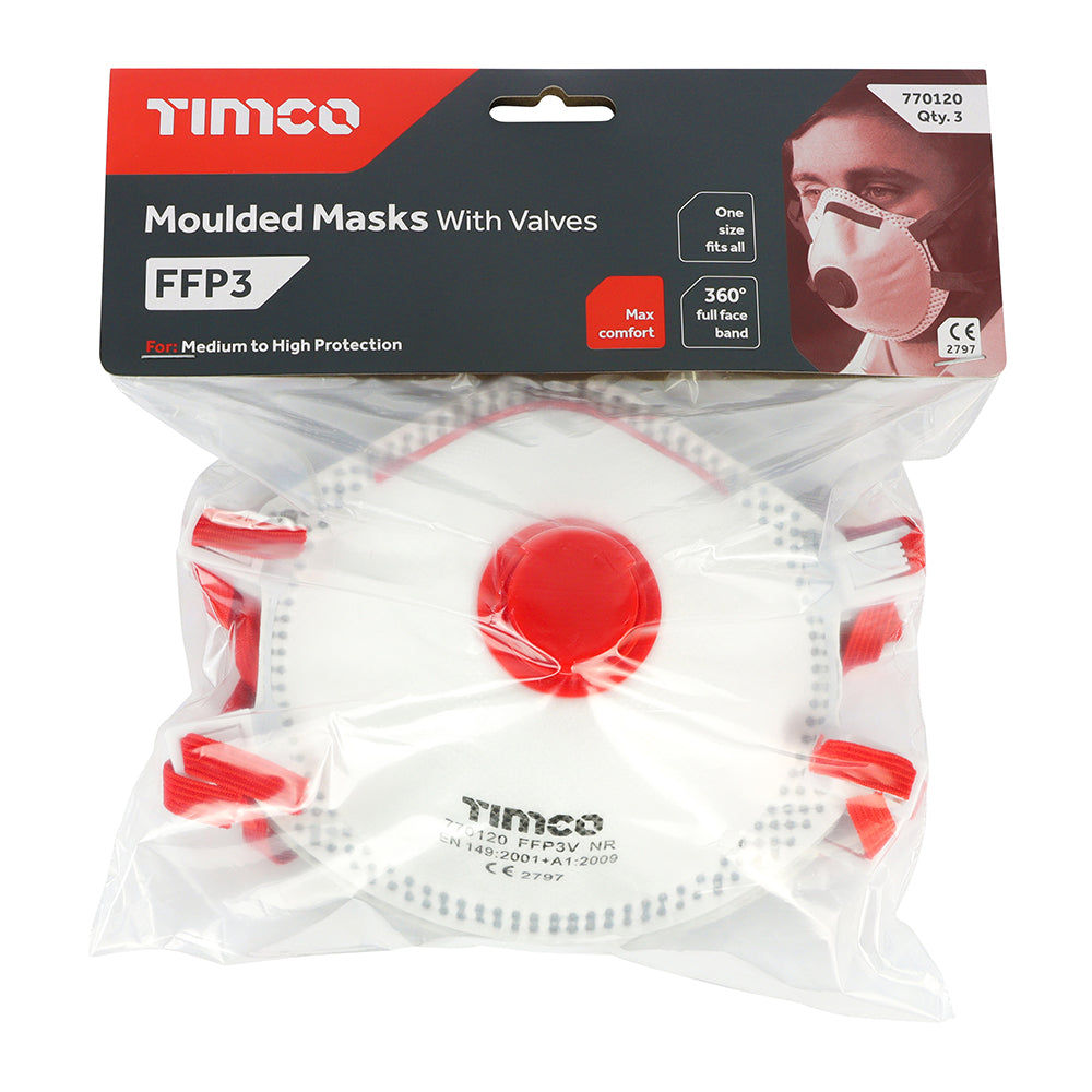 This is an image showing TIMCO FFP3 Moulded Masks with Valve - One Size - 3 Pieces Bag available from T.H Wiggans Ironmongery in Kendal, quick delivery at discounted prices.